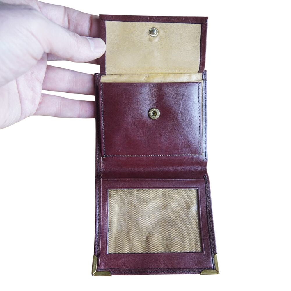 Vintage Burgundy Leather Wallet Brass Corner Guards Coin Purse ID Window